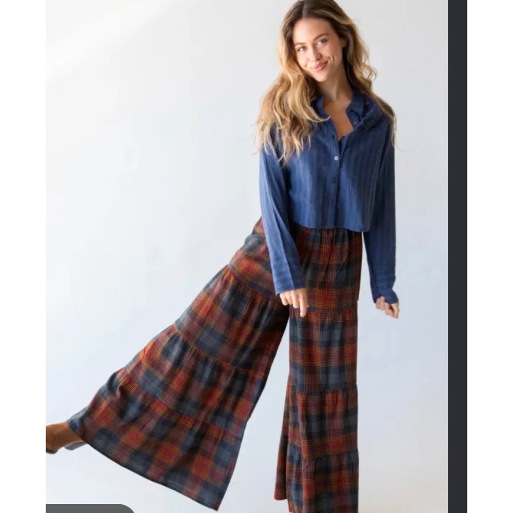 Natural Life Patti Palozzo Pant Orange Black Plaid Flannel Cotton Boho Small